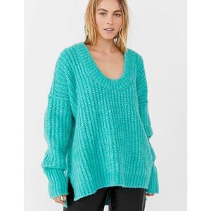 Free People Women's Medium Blue Bell Electric Teal V Neck Oversized Sweater